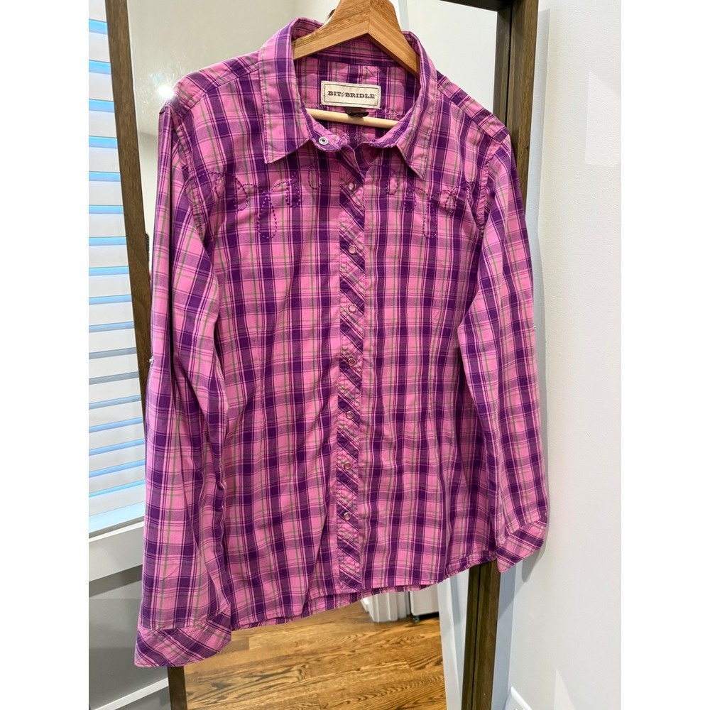 Bit & Bridle Women's Pink Purple Plaid Western Snap Front Shirt XL Rodeo Horse